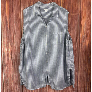 J Jill Love Linen Shirt Womens 4X Blue White Striped Sleeveless Button Down Top